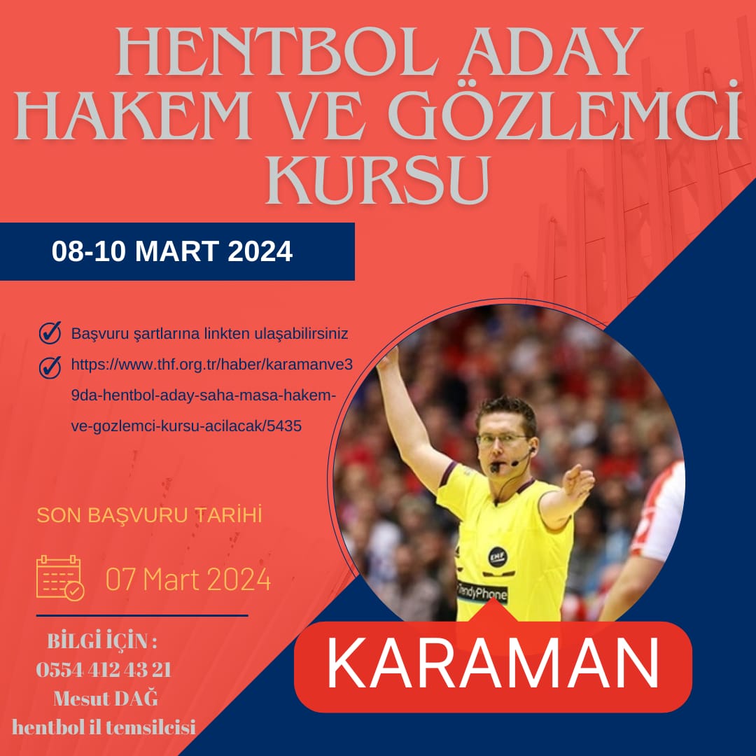 Karaman'da hentbol aday (saha-masa) hakem ve gözlemci kursu açılacak