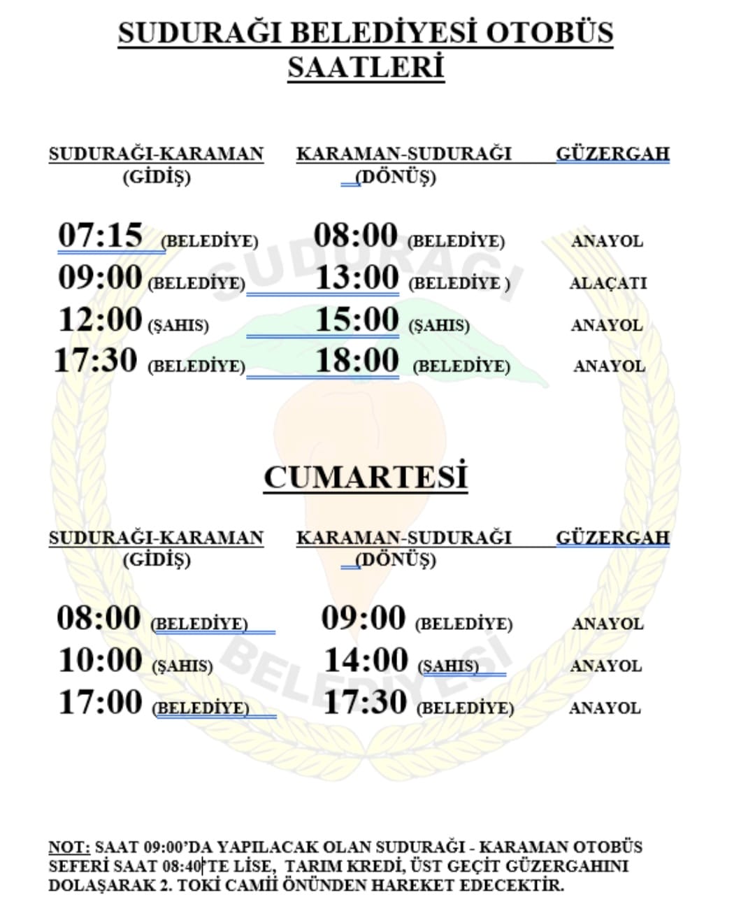 Karaman-Sudurağı otobüs saatleri değişti