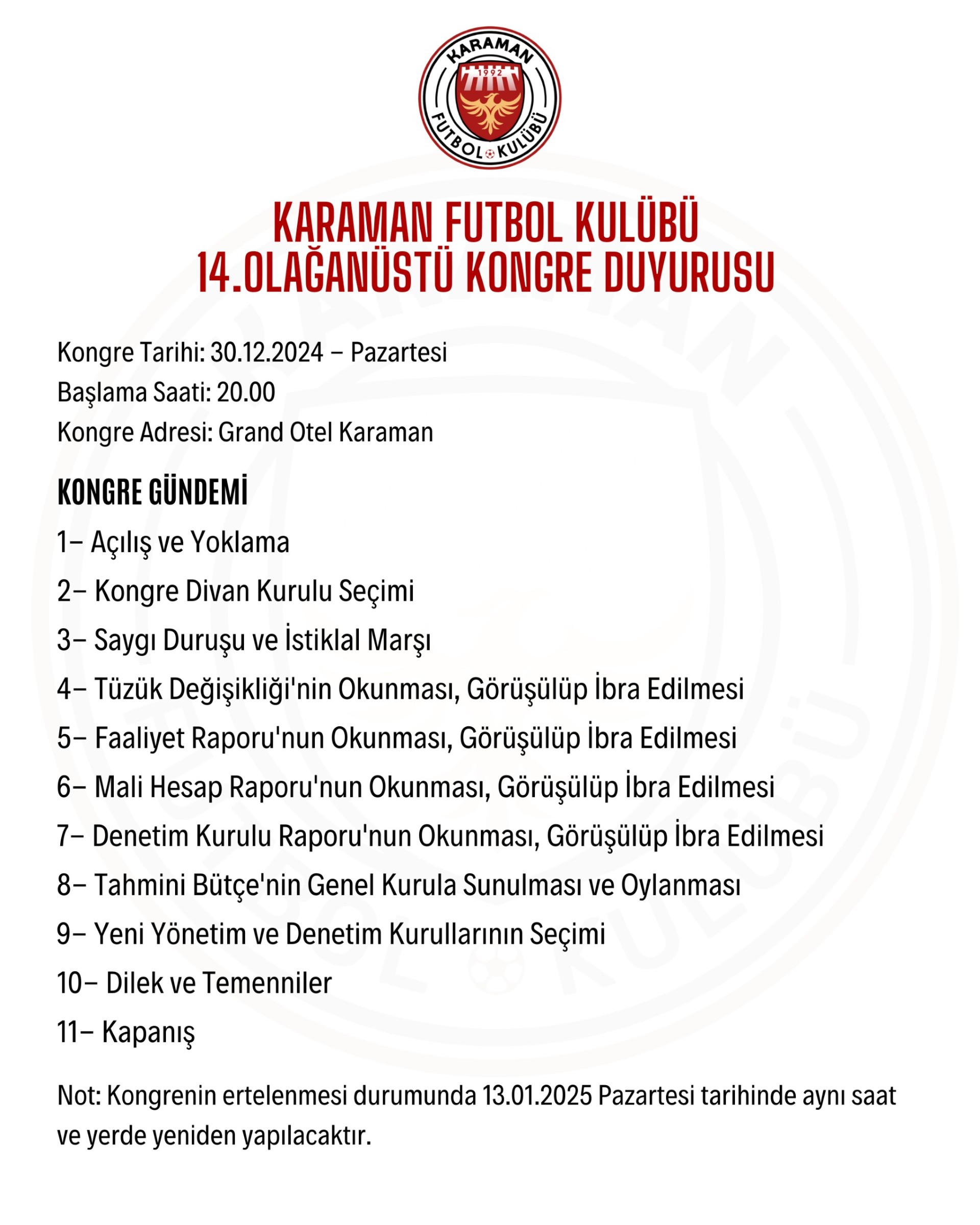 Karaman FK olağanüstü kongreye gidiyor