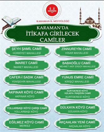 Karaman'da itikâfa uygun camiler açıklandı: işte liste