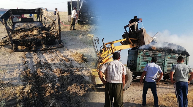 Karaman'da balya yüklü römork yandı