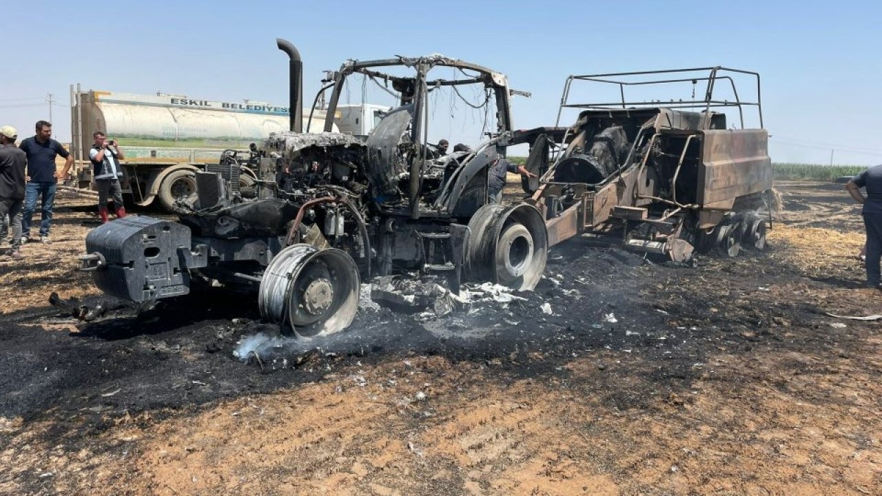 Aksaray&#039;da balya makinesi ve traktör yanarak kullanılamaz hale geldi