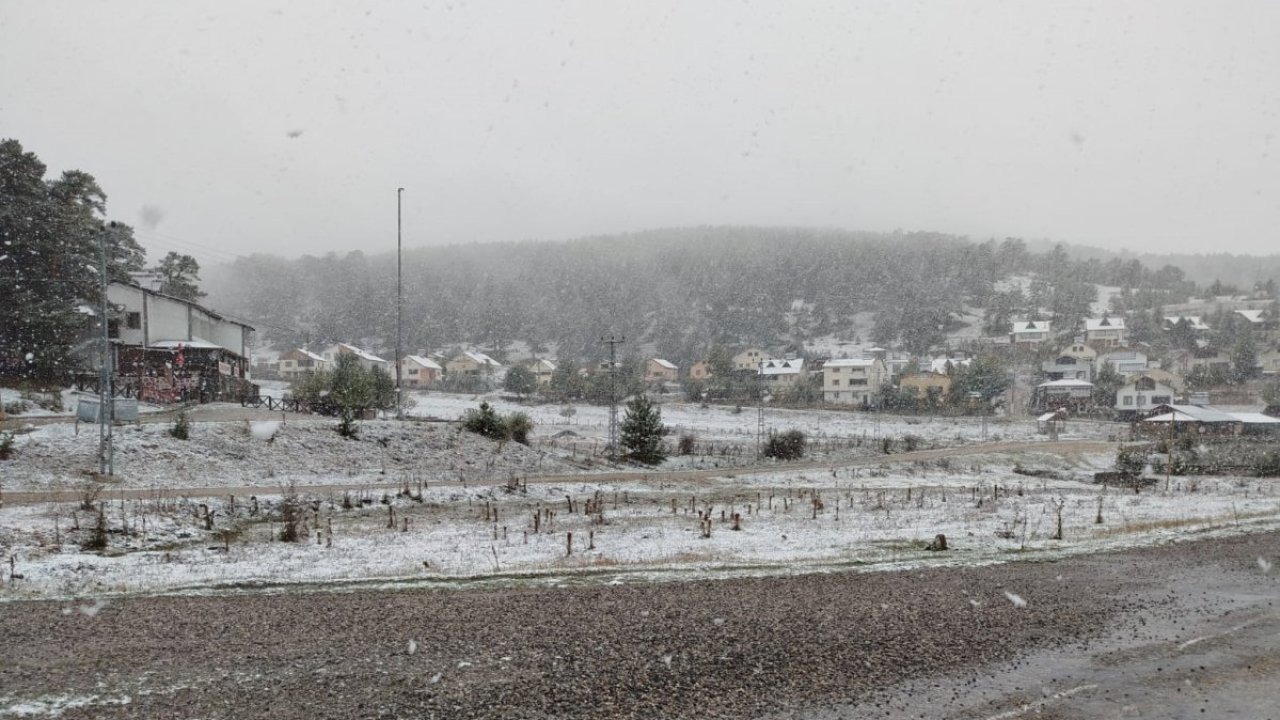 Sivas'ta çam ağaçlarıyla kaplı Eğriçimen Yaylası'na kar yağdı